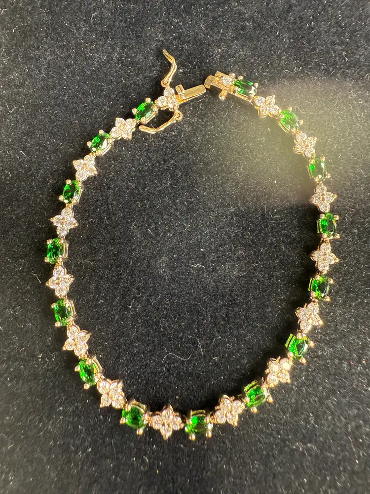 Sterling Silver 18KPL CZ & Green Glass Tennis Bracelet, 7.5"