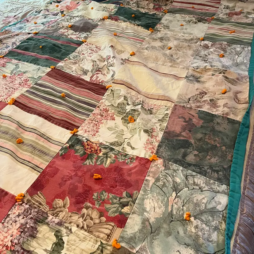 Handmade Tied Quilt w/ Vintage Fabric that Includes Barkcloth!