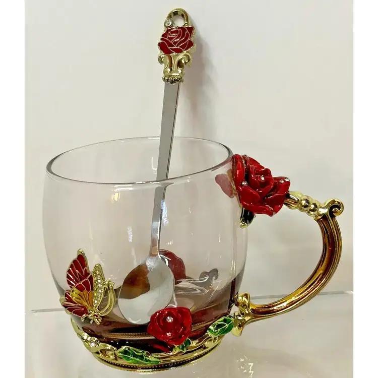 Enameled Red Rose Butterfly Glass Teacup & Spoon ~ Arc of France