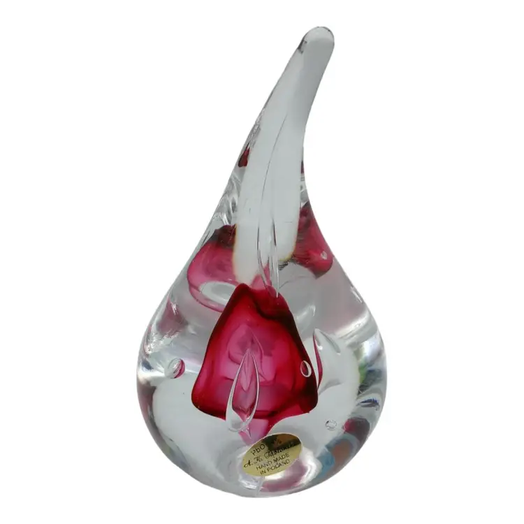 Signed Adam Jablonski Hand Made Art Glass Tear Drop Rose Bud Paperweight