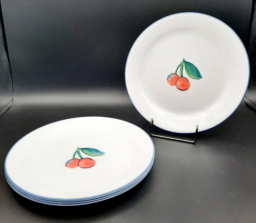 Vintage Corelle by Corning Double Cherry Blue Rim Dinner Plates Set Of 4