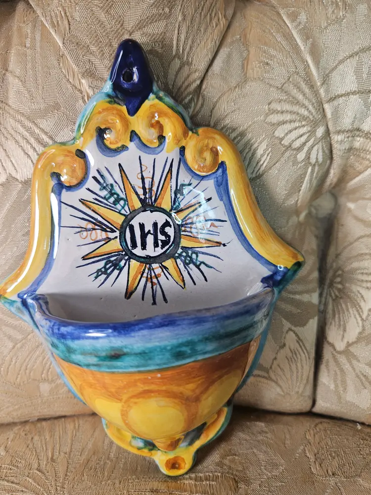 Vintage Hand Painted Holy Water Font  "IHS"  Sunburst Motif