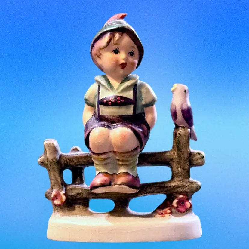 Vintage Signed Goebel Hummel Figurine WAYSIDE HARMONY Boy on Fence Little Bird 111 3/0 (West Germany)