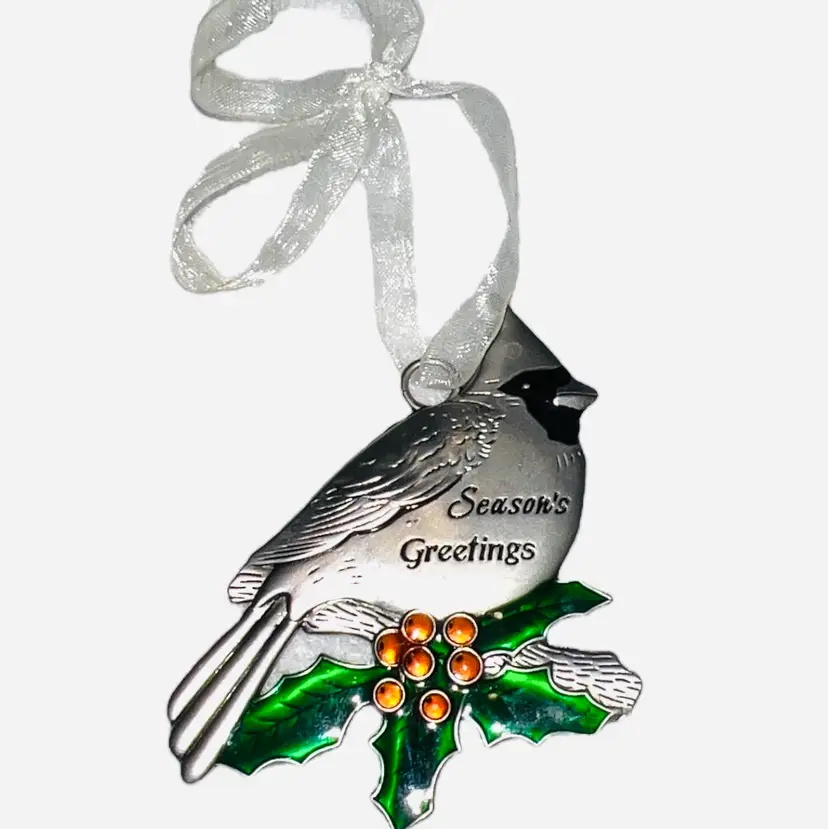 Cardinal with Holly Ornament from Ganz Seasons Greetings 2 3/4” X 2 3/4” Metal