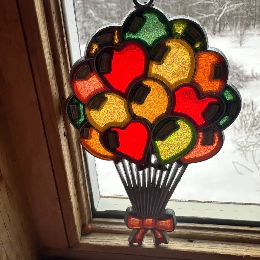 Vintage Metal Bundle of Balloons Hearts Bow Stained Glass Design Suncatcher