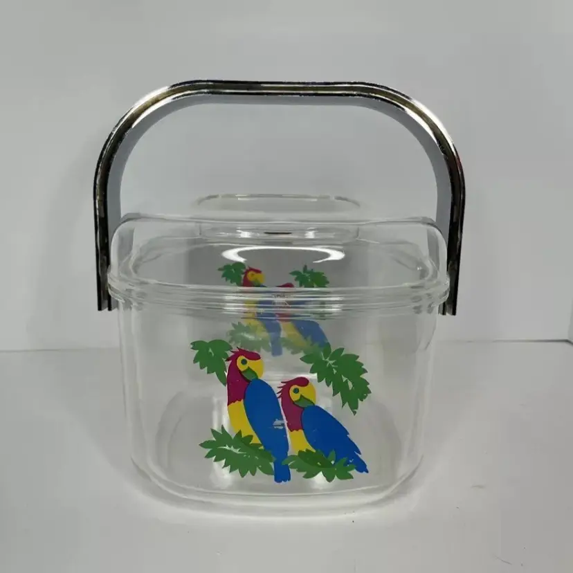 VTG Bar ware 1980s Cameleon Parrots Clear Acrylic 3 Piece Ice Bucket Tiki
