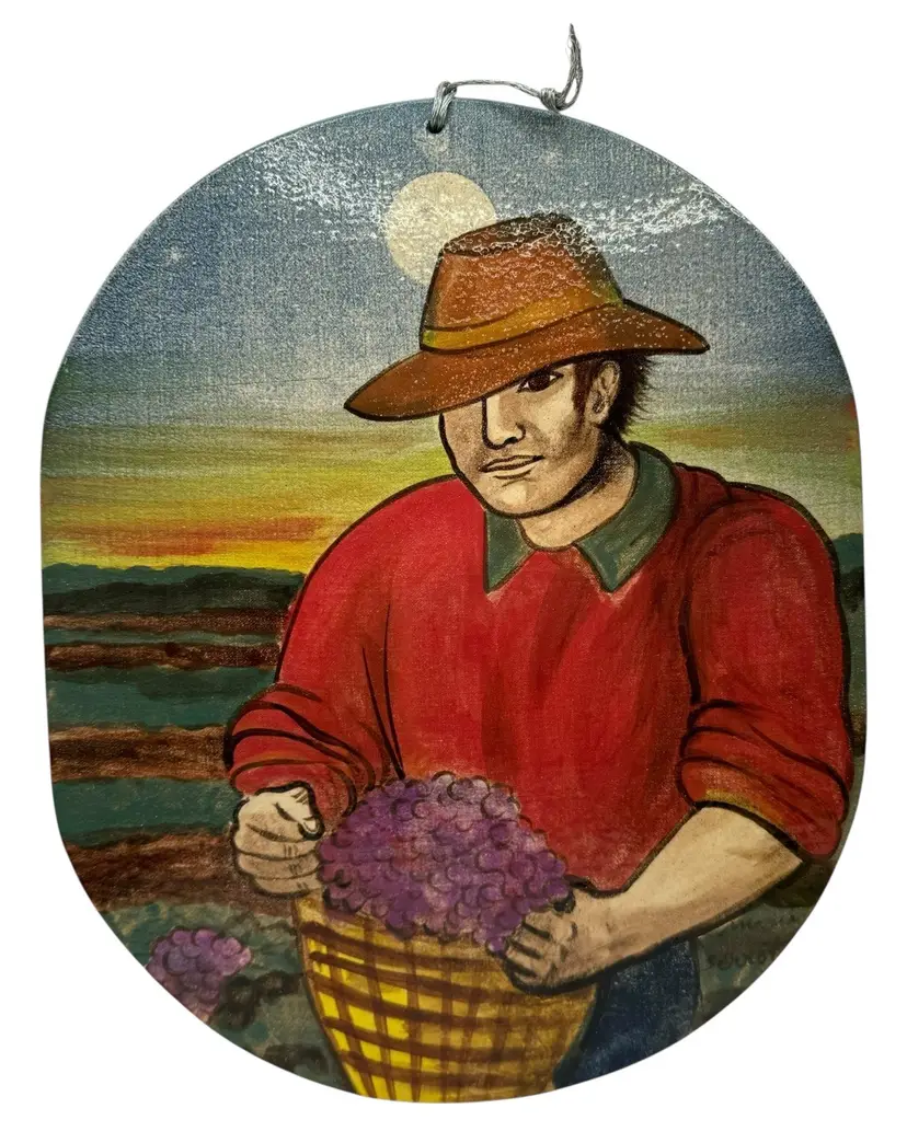 Signed Maria Serrot Studio Art Pottery Hanging Wall Plaque Farmer Grape Wine 11”