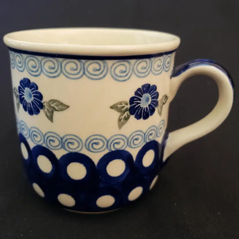 Boleslanca Poland Coffee Mug Ceramic Hand Made Dark Blue, White Floral & Dot 3½"