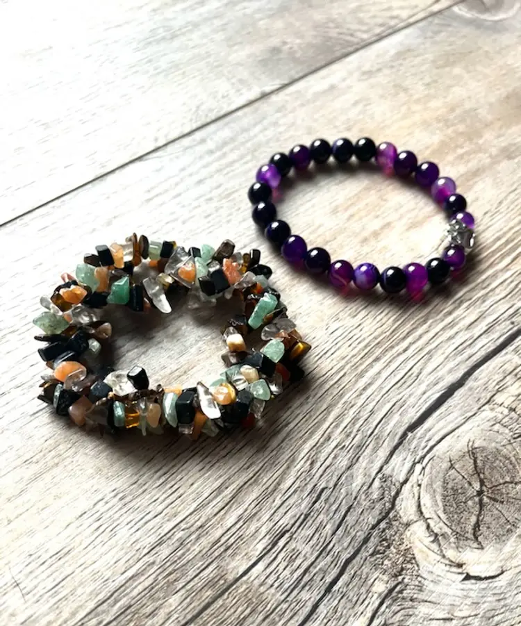 Purple Amethyst Beaded and Multiple Color Nugget Chip Stretch Bracelets