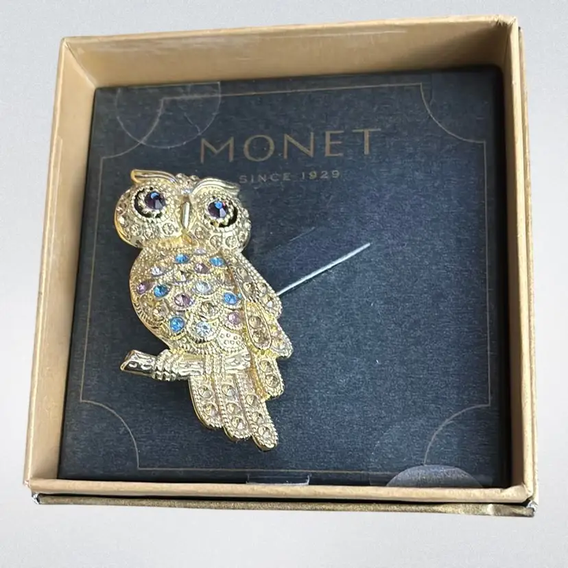 Monet Rhinestone Owl Brooch