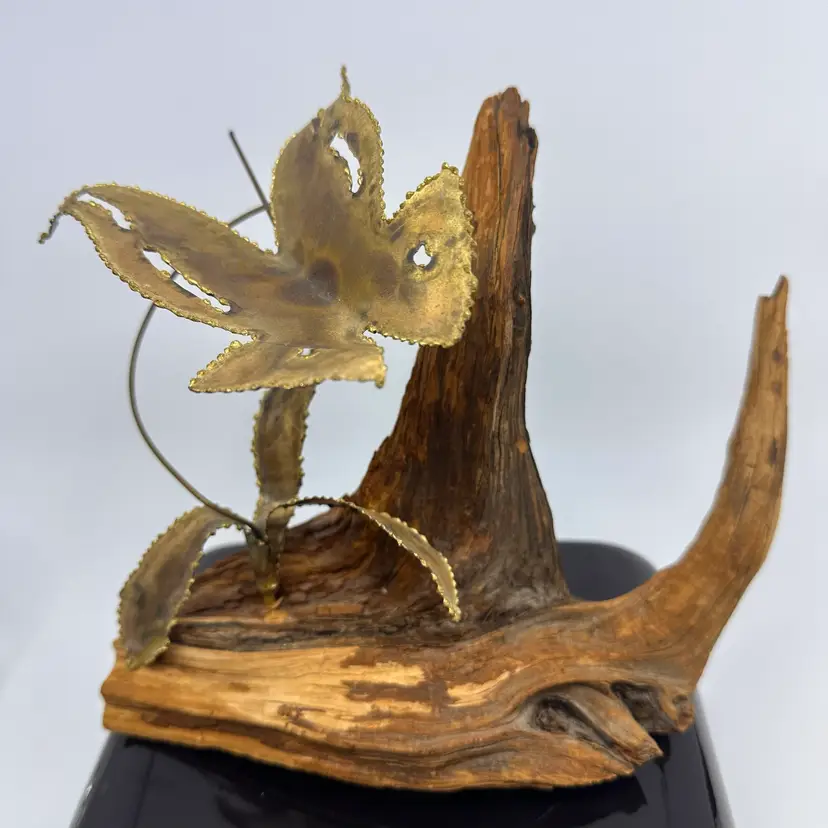 Vintage Brass Butterfly Sculpture On Driftwood