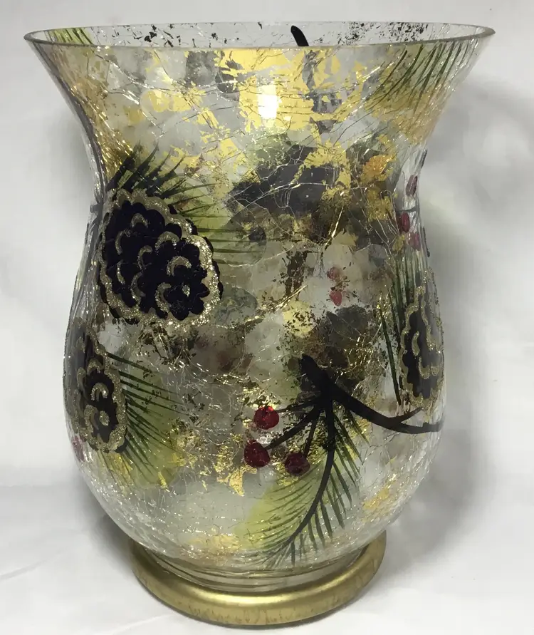 Christmas vase, large, crackle glass, hand painted, pine branches & cones, 8" x 6"