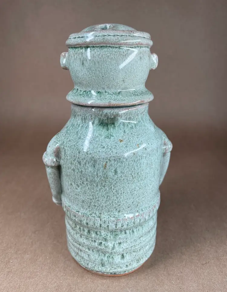 Studio Art Round Green Ceramic Pottery Man Wearing Eye Glasses Trinket Jar Removable Heard