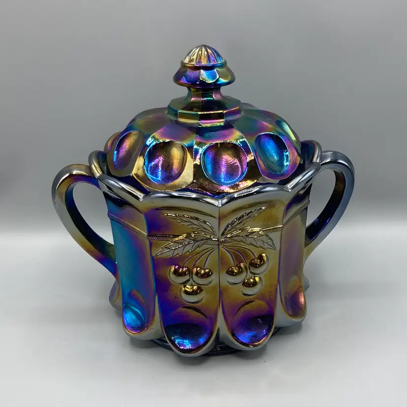 Vintage Westmoreland iridized Amethyst Carnival Cherry Cable Cracker Biscuit Cookie Jar