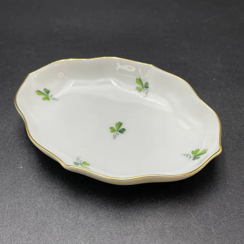Wiener Porzellan Trinket Serving Dish Green Leaves Pattern Austria Vintage