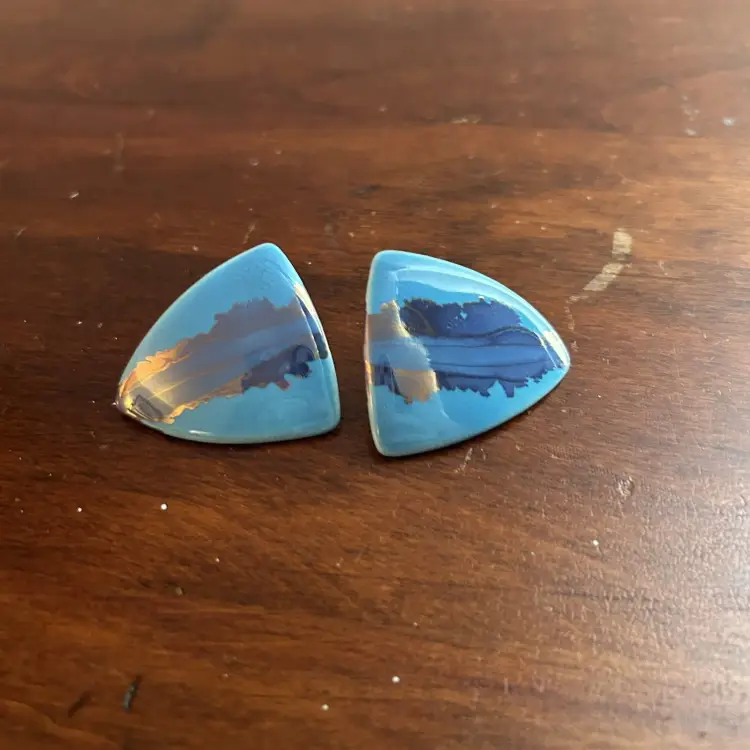 Vintage Abstract Blue Ceramic Stud Earrings Triangle Modern Art 80s Style