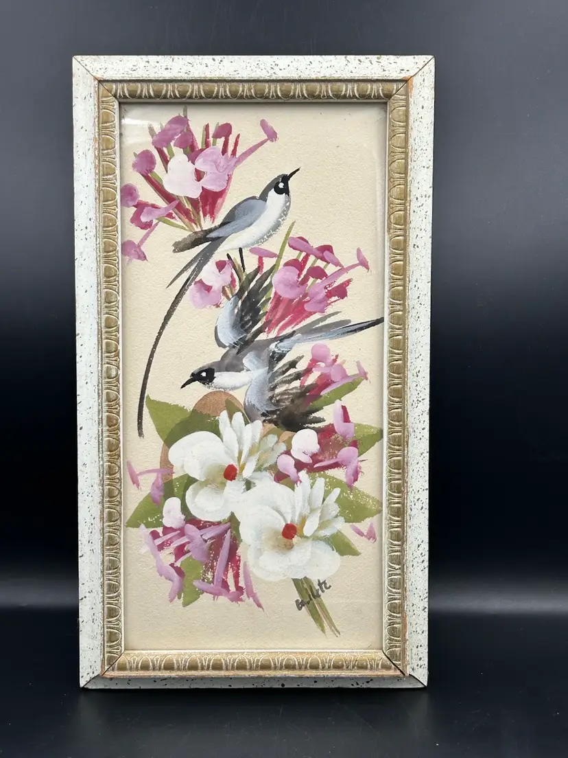 Vintage framed painting of birds and florals signed artwork