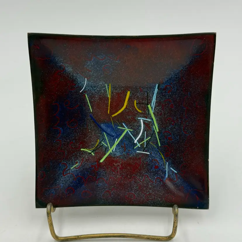 Copper On Enamel Small Square Beveled Trinket Ring Dish W/ Confetti Colorful Design