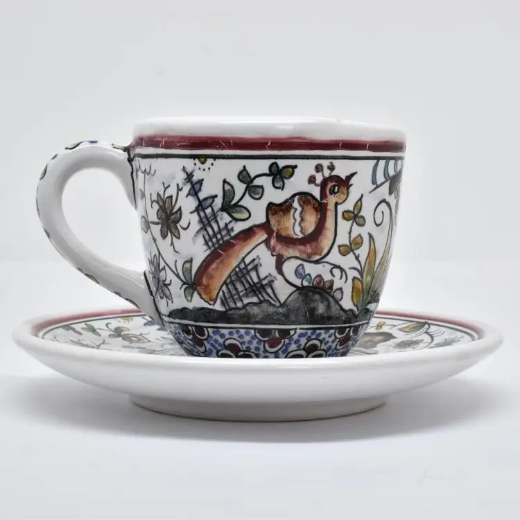 Hand Painted Carlos Tomas Pottery Demitasse Cup / Saucer, Coimbra, Portugal