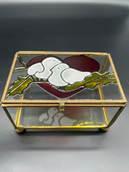 Vintage Brass & Stained Glass Jewelry Box - Doves & Heart