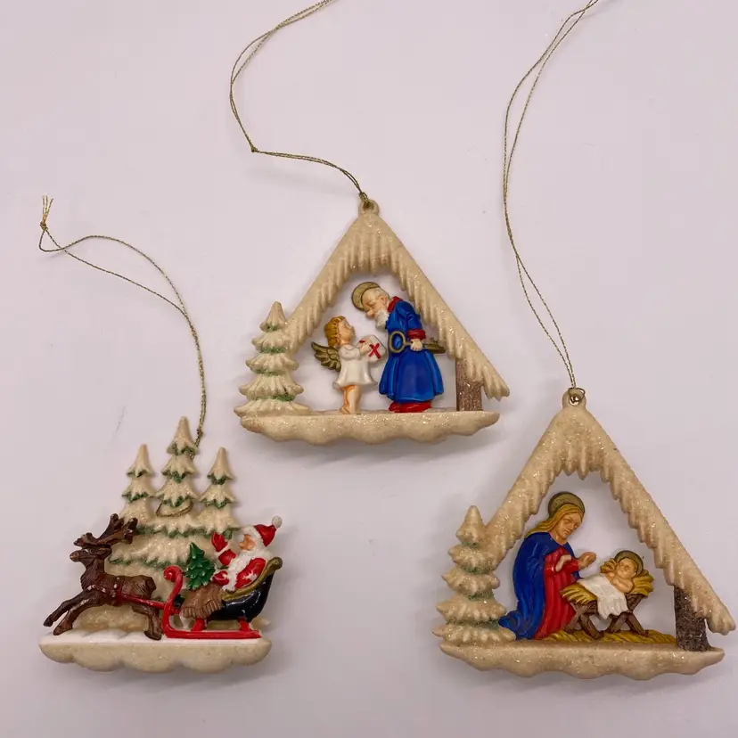 3 West Germany Christmas Ornaments Plastic Painted Glitter Nativity Saint Angel Santa And Reindeer 2”x2”
