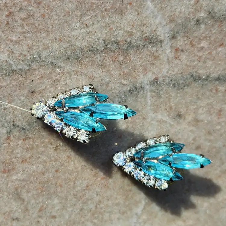 Aquamarine Crystal & Rhinestone Post Earrings Pierced Ears Aqua Vintage Art Deco Costume Jewelry + Gift Box