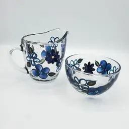 Anchor Hocking Clear Glass Hand-Painted Creamer and Open Sugar with Blue Florals and White Polka Dots