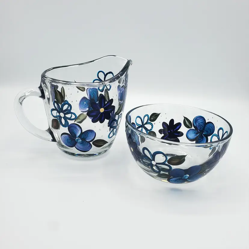 Anchor Hocking Clear Glass Hand-Painted Creamer and Open Sugar with Blue Florals and White Polka Dots