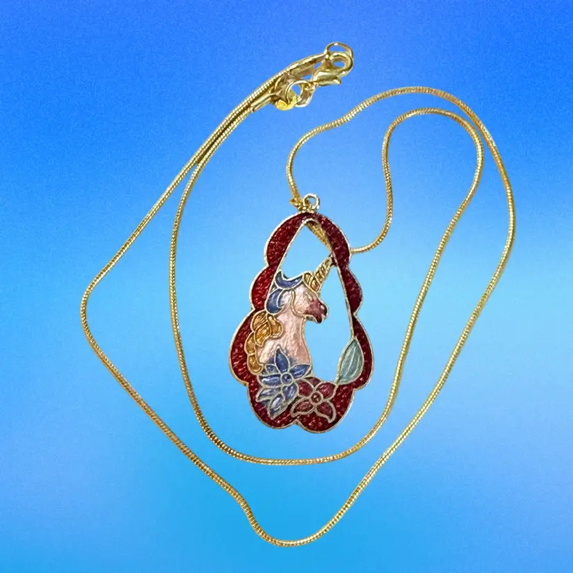 Vintage Multicolor Enamel Cloisonné Floral Unicorn Pendant Necklace