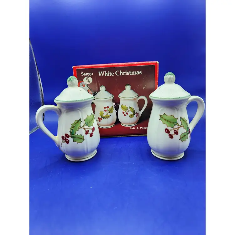 Sango White Christmas Holly Salt and Pepper Shakers