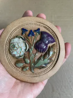 Pottery Round Wall Hanging Disk Miniature. Floral