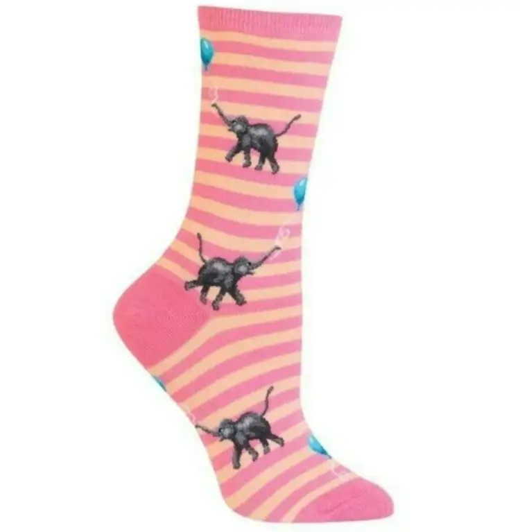 Hot Sox Pink Stripe Elephants with Balloons Women's Crew Socks