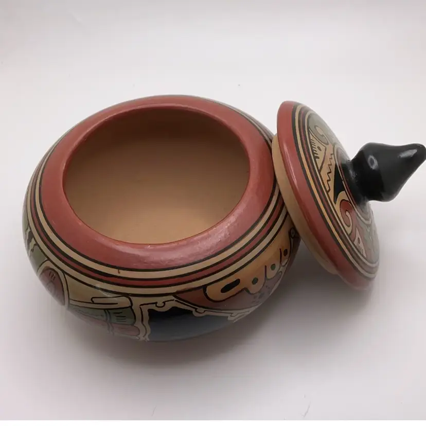 Pottery Covered Bowl Hand Painted 4.5”