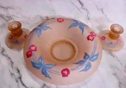 Reverse Painted Pink Depression Glass Console Bowl and Candlestick Holders Set