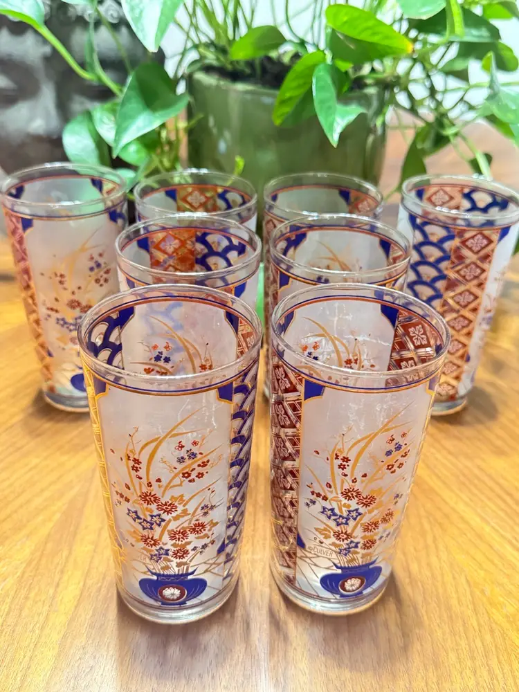 Vintage Culver 22K Gold Highball Glasses – Set of 8 – Cobalt Blue & Rust Imari Pattern – Mid-Century Asian Vase Barware – Signed Culver Ltd. – 1960s Cocktail Tumblers