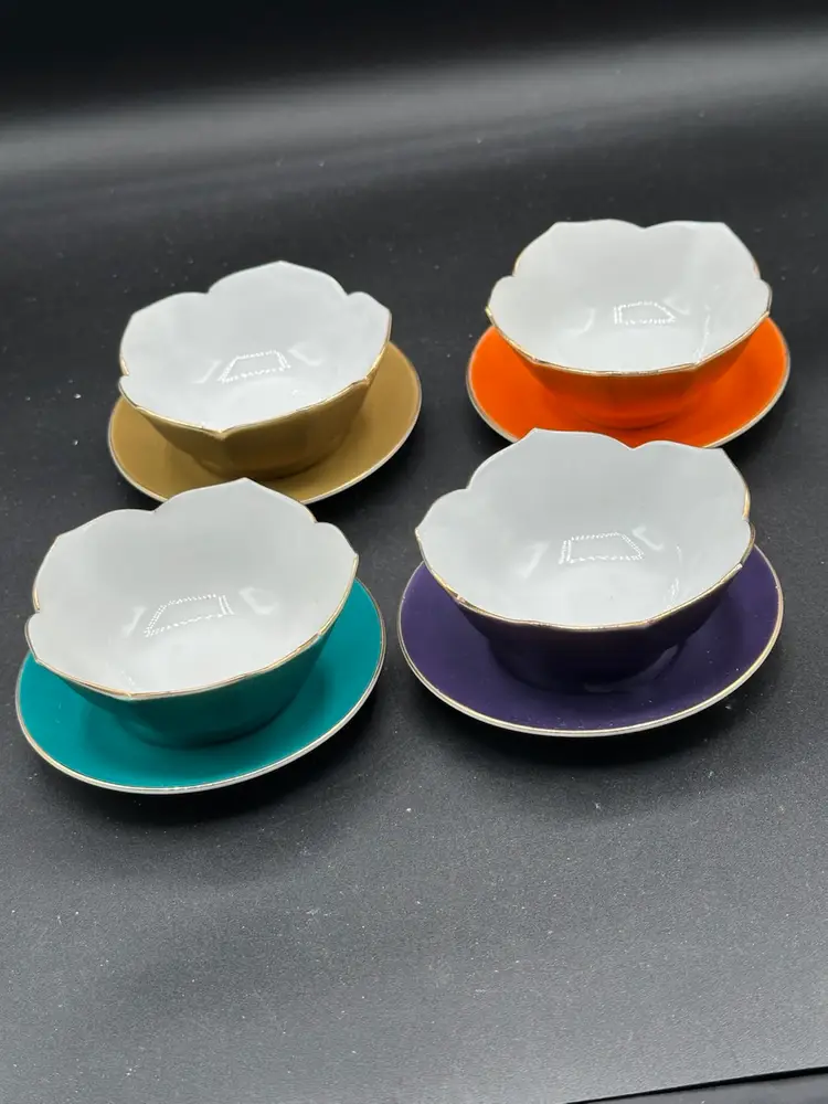 Vintage LOTUS Orange Yellow Teal & Purple PORCELAIN RICE BOWLS ~ Made In Japan ~ Lot