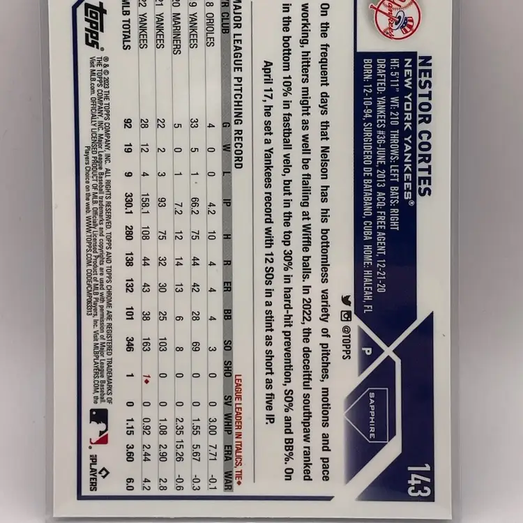 Nestor Cortes, 2023 Chrome Sapphire, New York Yankees