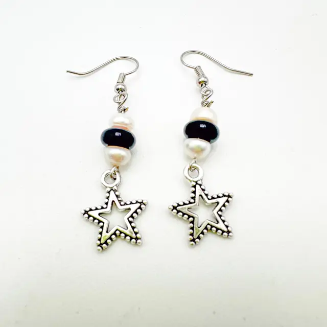 Star Celestial Charm Earrings Silver Tone White Pearl and Black Bead Accents