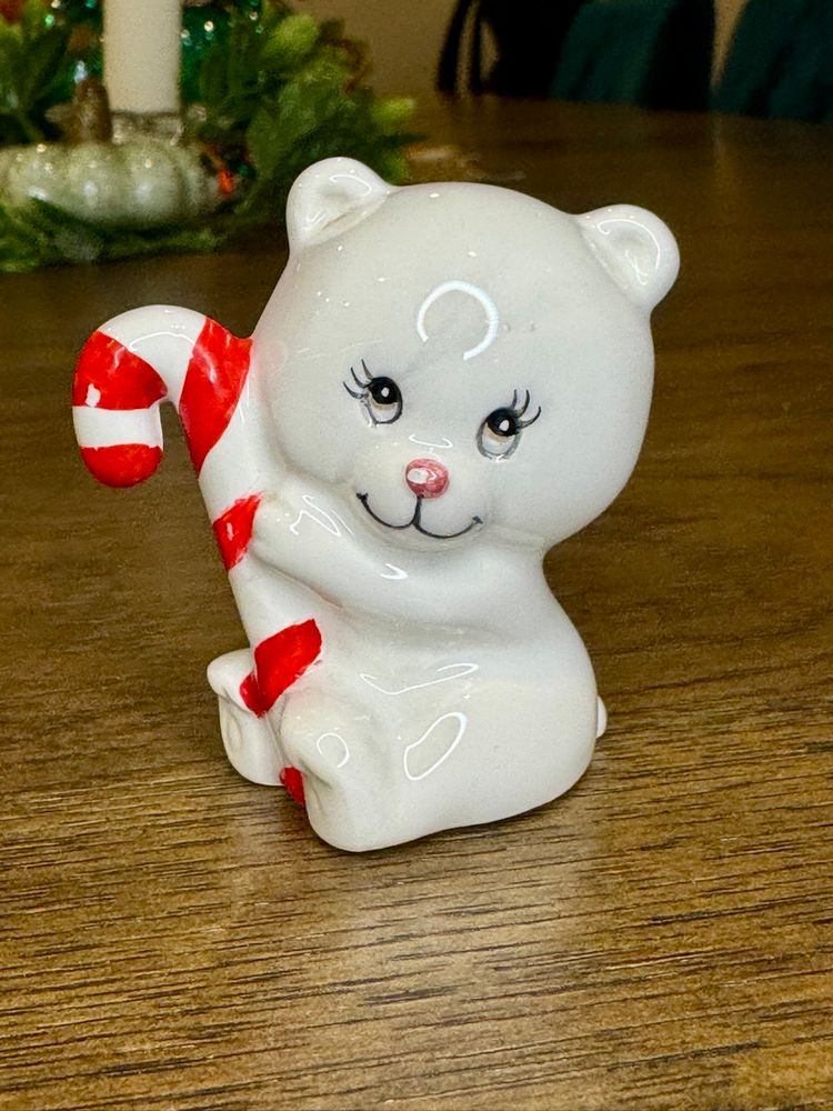 Mini Vintage Ceramic Russ Berrie Candy Cane Christmas Bear Figurine Made Korea