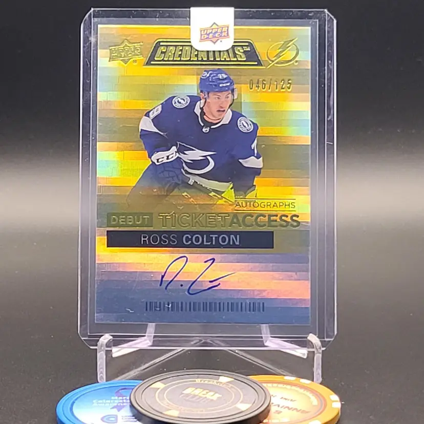 Ross Colton Rookie Auto 2021-22 Upper Deck Credentials Hockey Redemption Fresh Debut Ticket Access Yellow Autograph Parallel Numbered 46/125 Card #DTAA-RC Tampa Bay Lightning Hockey Card