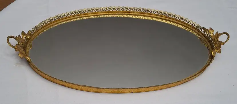 135 Large Hollywood Regency Style Mirrored Vanity Tray | Gold Filigree Oval w/ Handles
