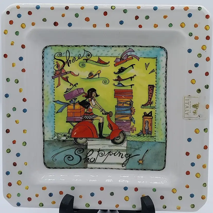Vintage Made in Italy, Colorful, 'Shoes Shopping', Woman on Vespa, Themed Ceramic Square Dish/Plate, by Brunelli
