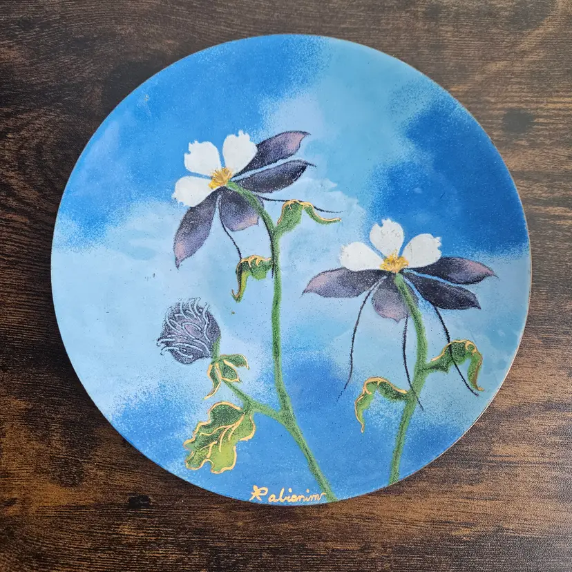 Signed Copper Enamel Plate Columbine Flower Denver Colorado 6" Rabianim