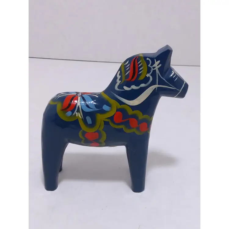 Vintage Blue Grannas A  Olsson Wood Dala Horse Figurine Hand Painted Sweden