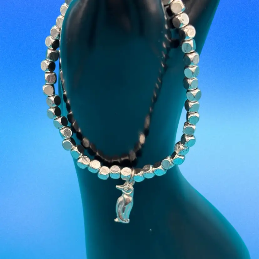 Silver-Tone Faceted Bead Bracelet with Penguin Charm