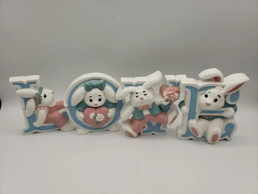 Home Interiors HOMCO Love Bunnies Wall Hanging Baby Easter Decor Burwood Vintage. This adorable set of 4 wall plaques come in their original box and ready to hang! They are about 4.5" wide, 4.5" long and 1" deep.