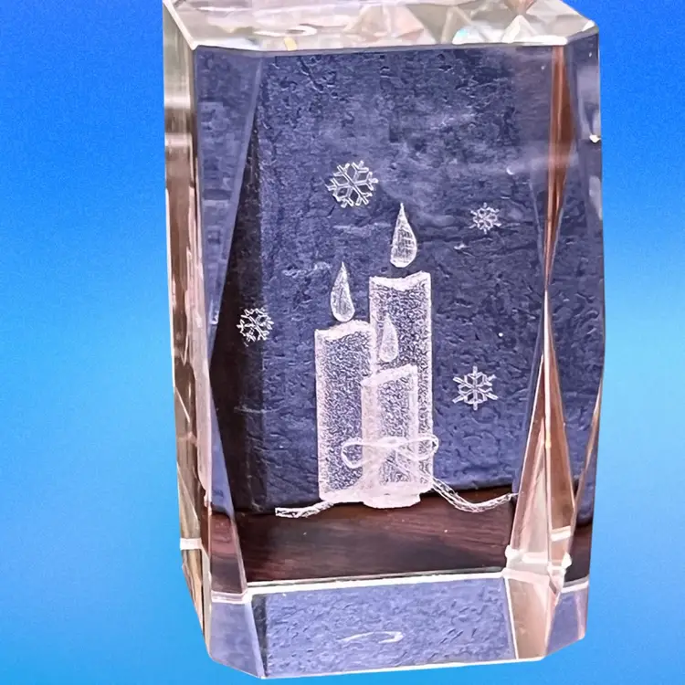 Vintage 3D Laser Etched Paperweight Clear Glass Crystal Cube Christmas Candles Snowflakes