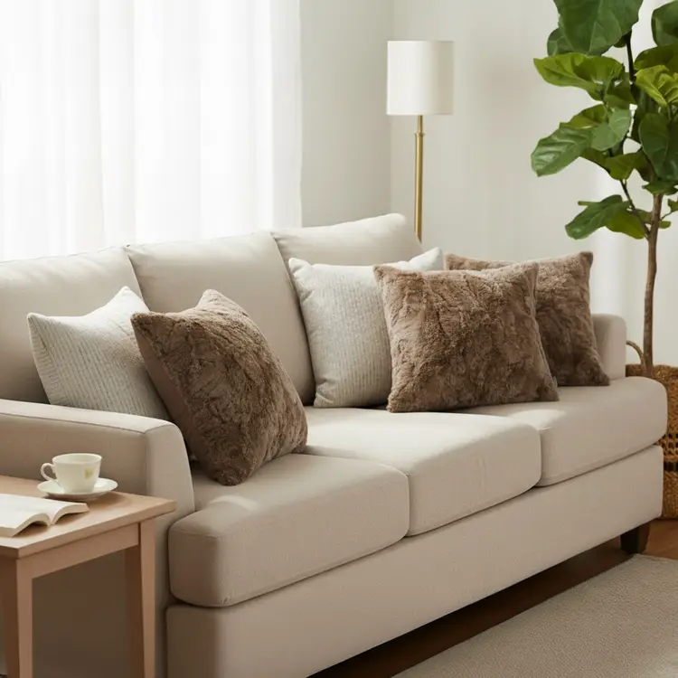 SOGA 5PC LuxeFur Brown & Beige Floral Linen Pillowcase Set – Cozy Elegant Covers