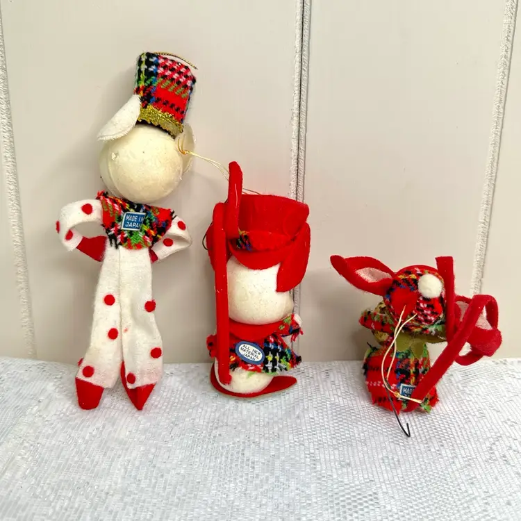 Vintage Made In Japan Flocked Christmas Animal Ornaments- Lot Of 3