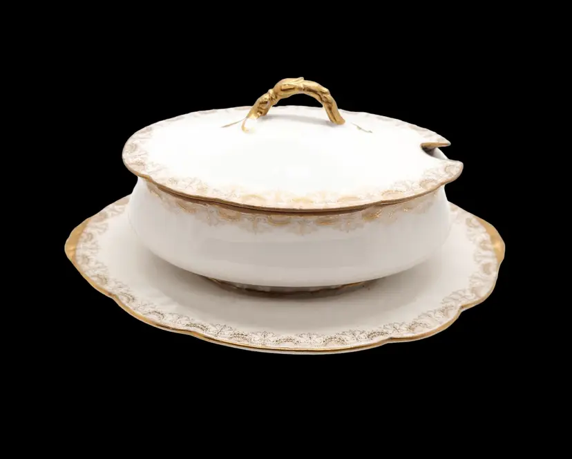 Antique LS & S Limoges France Lidded Gravy Boat Underplate White Gold Design
